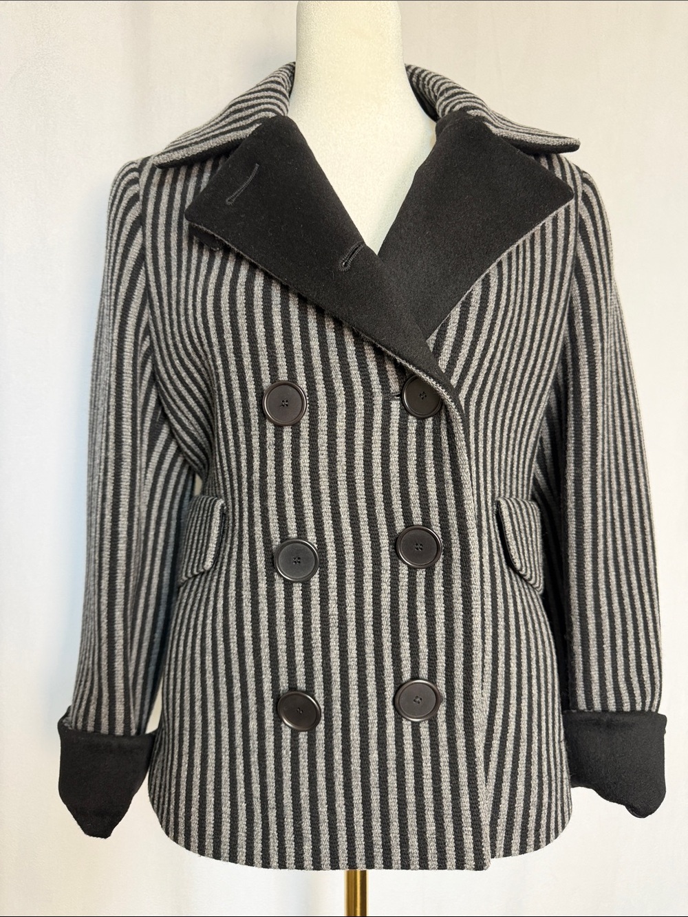 Vintage Akris Punto Striped Black Gray Double-Breasted Wool Blend Blazer Size 6